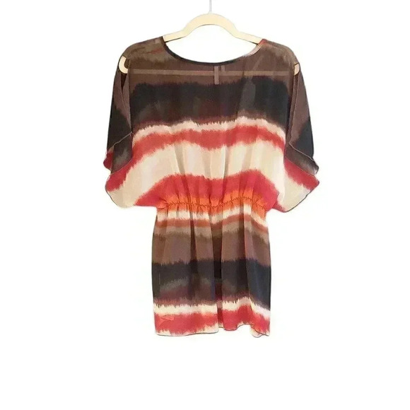 Studio Y Ombre Sheer Chiffon Beaded Neckline Flutter Sleeve Flowy Blouse Top - Picture 5 of 7